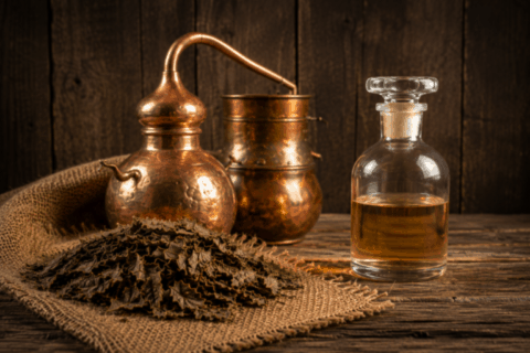 alambic et huile essentielle de patchouli